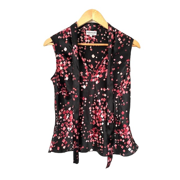 Vintage Innovare Satin Black & Pink Sleeveless Blouse Tie Notched Collar Size 6 - Picture 1 of 4